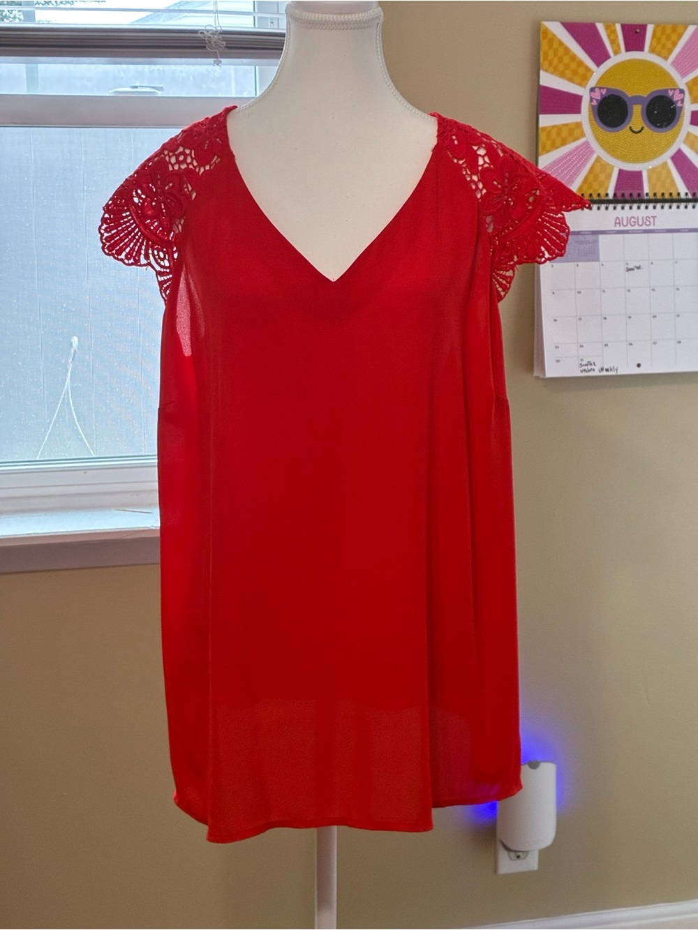 City Streets Red V-Neck Lace Cap Sleeve Blouse